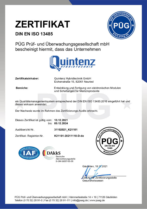 Das Qualitätsmanagement der Quintenz Hybridtechnik GmbH ist zertifiziert nach ISO-13485