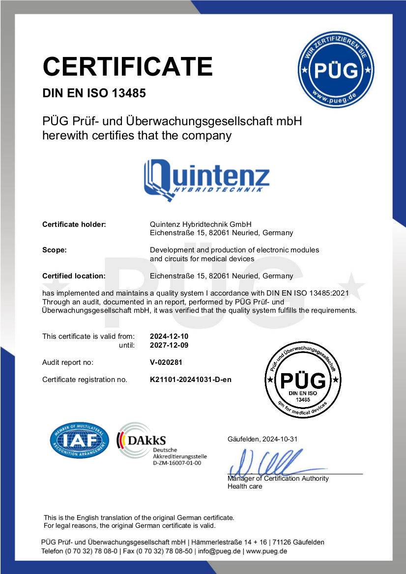 Das Qualitätsmanagement der Quintenz Hybridtechnik GmbH für Qualität von elektronischen Modulen ist zertifiziert nach ISO-13485