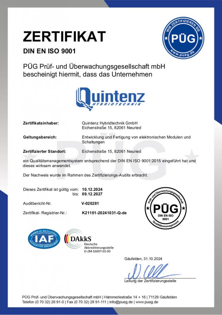 Das Qualitätsmanagement der Quintenz Hybridtechnik GmbH für Qualität von elektronischen Modulen ist zertifiziert nach ISO-9001